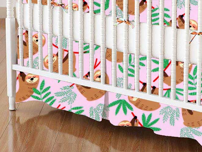 C-DR-F556 Crib Skirts - Crib Skirt - Sloths Pink - Tailored sku C-DR-F556