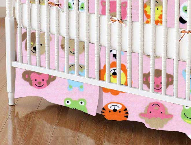 Crib Skirts - Crib Skirt - Animal Faces Pink - Tailored