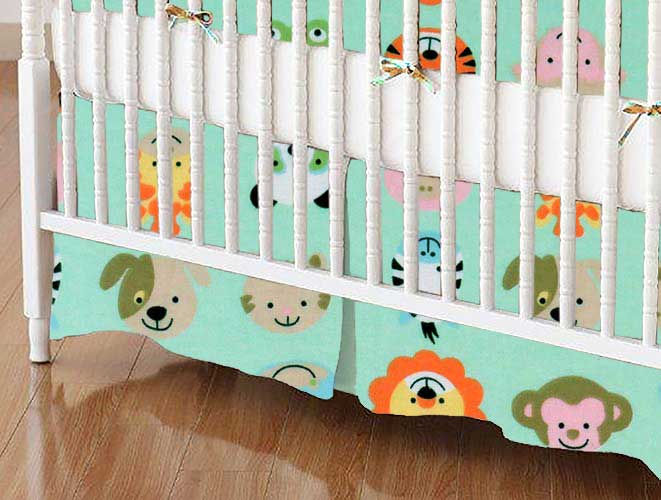 Crib Skirts - Crib Skirt - Animal Faces Aqua - Tailored