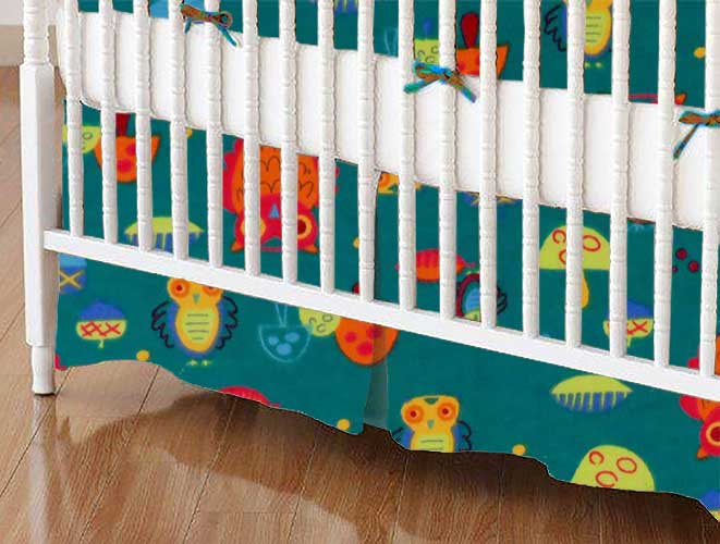 C-DR-F563 Crib Skirts - Crib Skirt - Owls Green - Tailored sku C-DR-F563