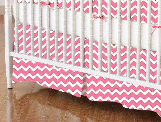 Crib Skirts - Crib Skirt - Bubble Gum Pink Chevron Zigzag - Tailored
