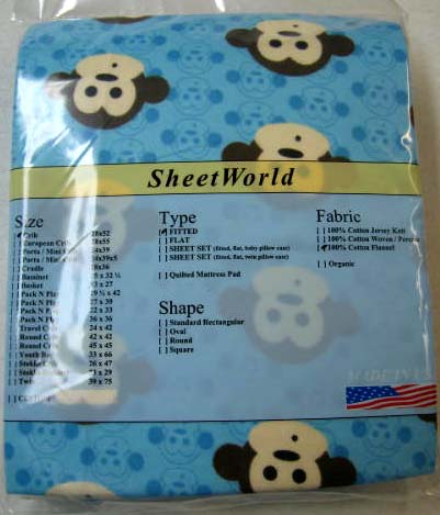Monkey Face Blue Flannel FLAT Crib Sheet