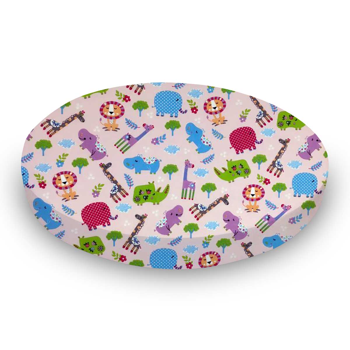 Round Crib - Safari Animals Pink - 42`` Fitted