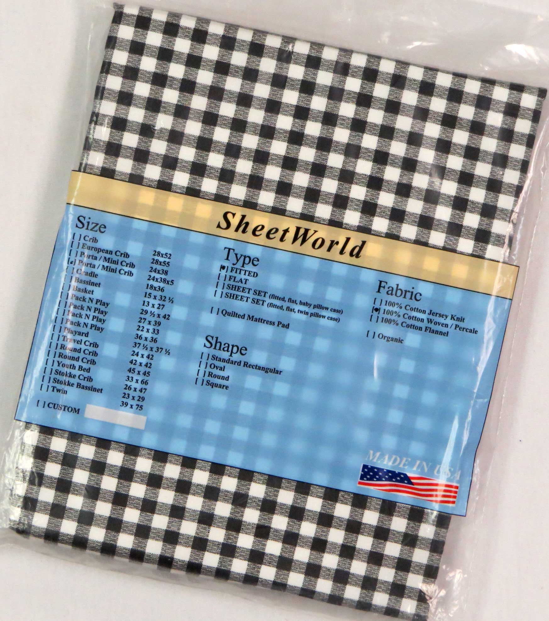 Black Gingham Check Cotton Portable / Mini Crib Sheet - 24 x 38 x 5