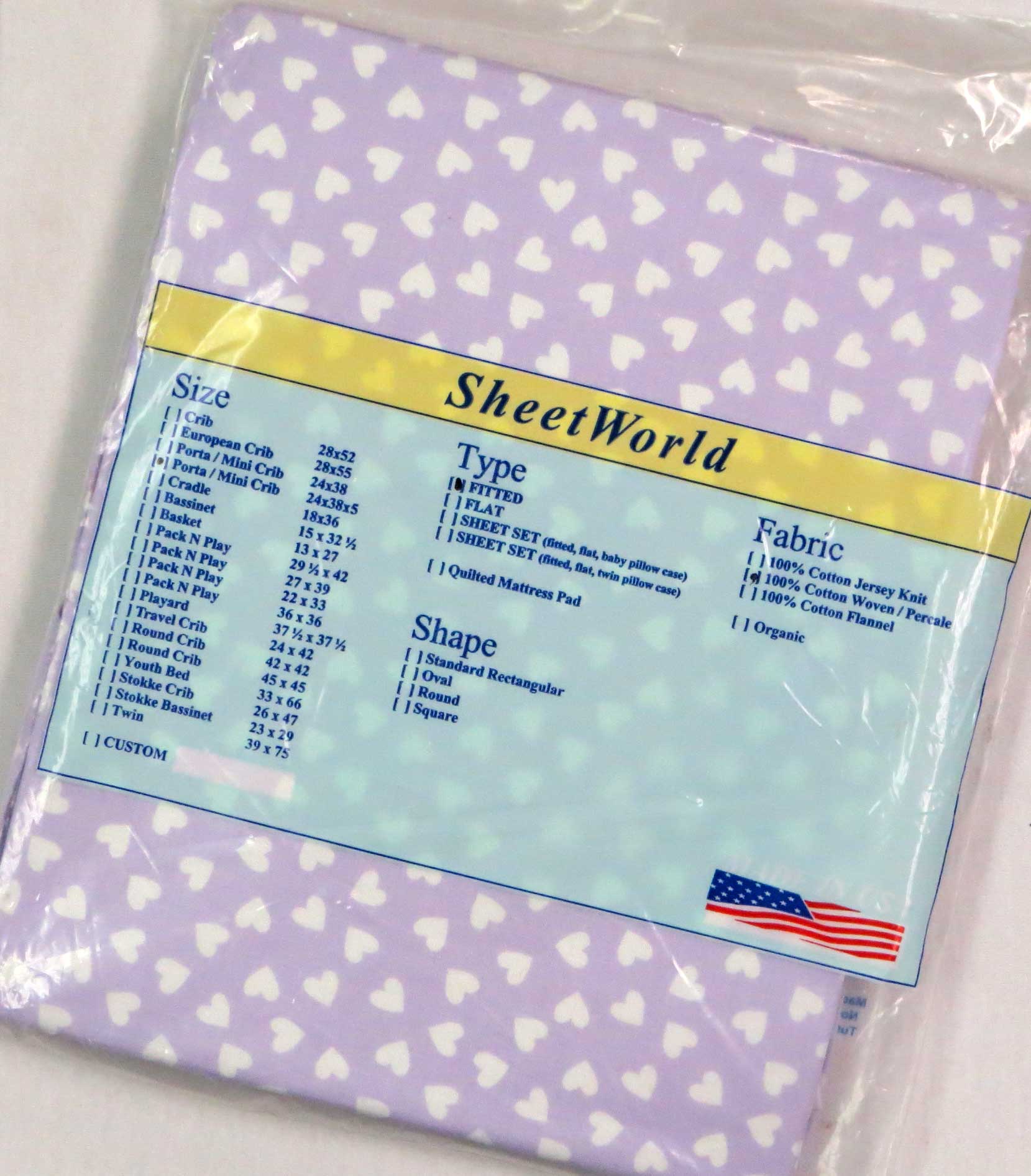 Hearts Lavender Cotton Portable / Mini Crib Sheet - 24 x 38 x 5
