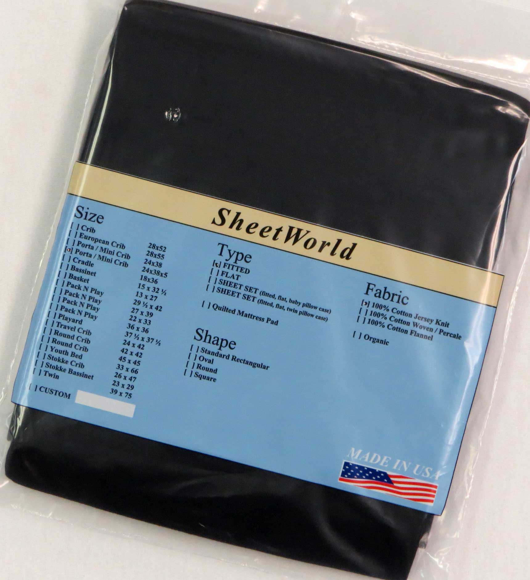 Solid Black Cotton Jersey Portable / Mini Crib Sheet - 24 x 38 x 5