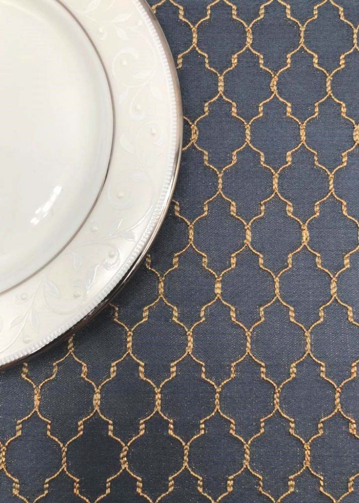 Steel Blue Gold Quatrefoil Jacquard Tablecloth